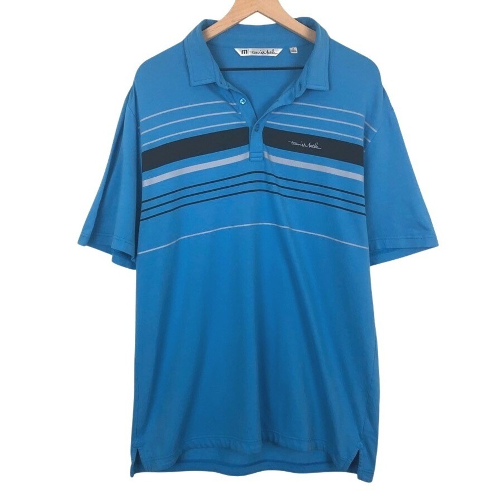 Travis Mathew Short Sleeve Performance Golf Polo Shirt Men's XL Blue Stripe Logo